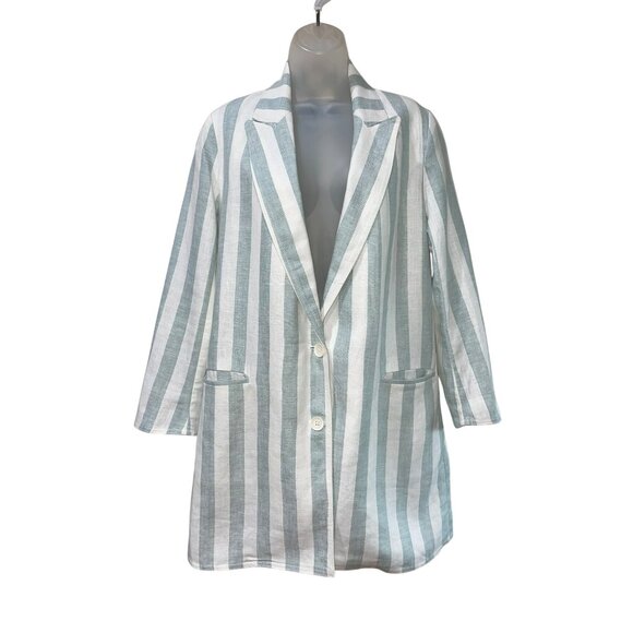 Zara Basic Womens Oversized Striped Blazer Jacket 100% Linen S Light Green & Whi - Picture 2 of 8